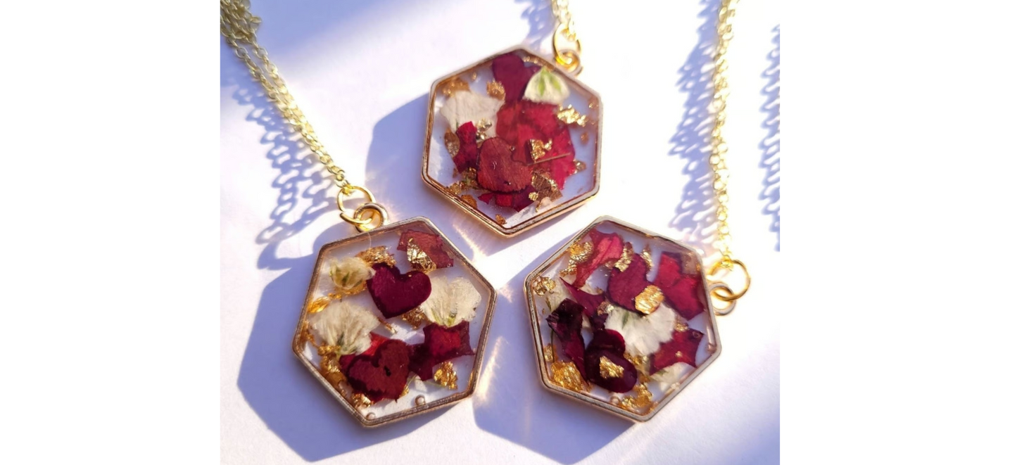 Resin Based Rose Petal/Hearts Necklace