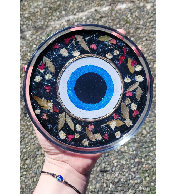 Evil Eye Rose and Babys Breath 6" Resin Jewelry or Trinket Tray