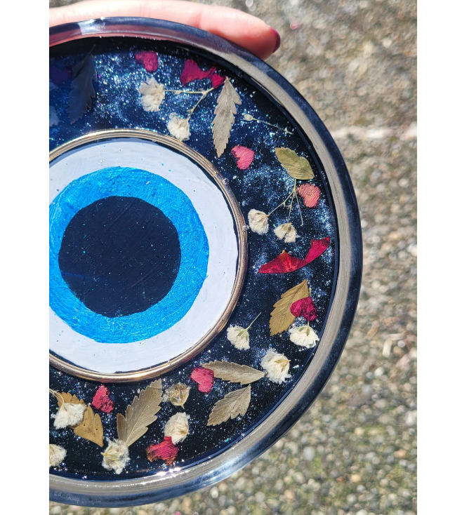 Evil Eye Rose and Babys Breath 6" Resin Jewelry or Trinket Tray