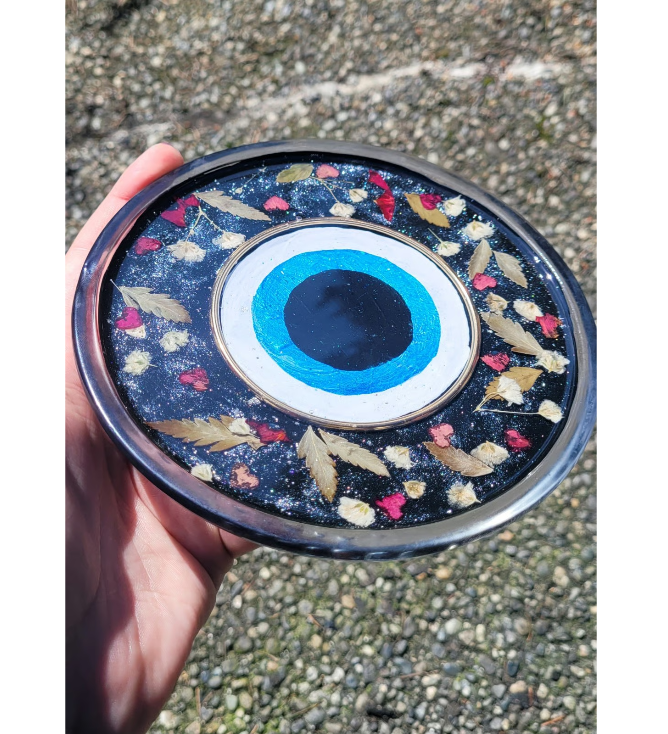 Evil Eye Rose and Babys Breath 6" Resin Jewelry or Trinket Tray