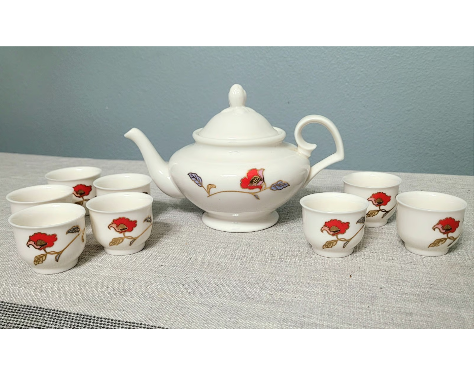 Goldstar Vintage Red Flower Design 9 Piece Tea Set