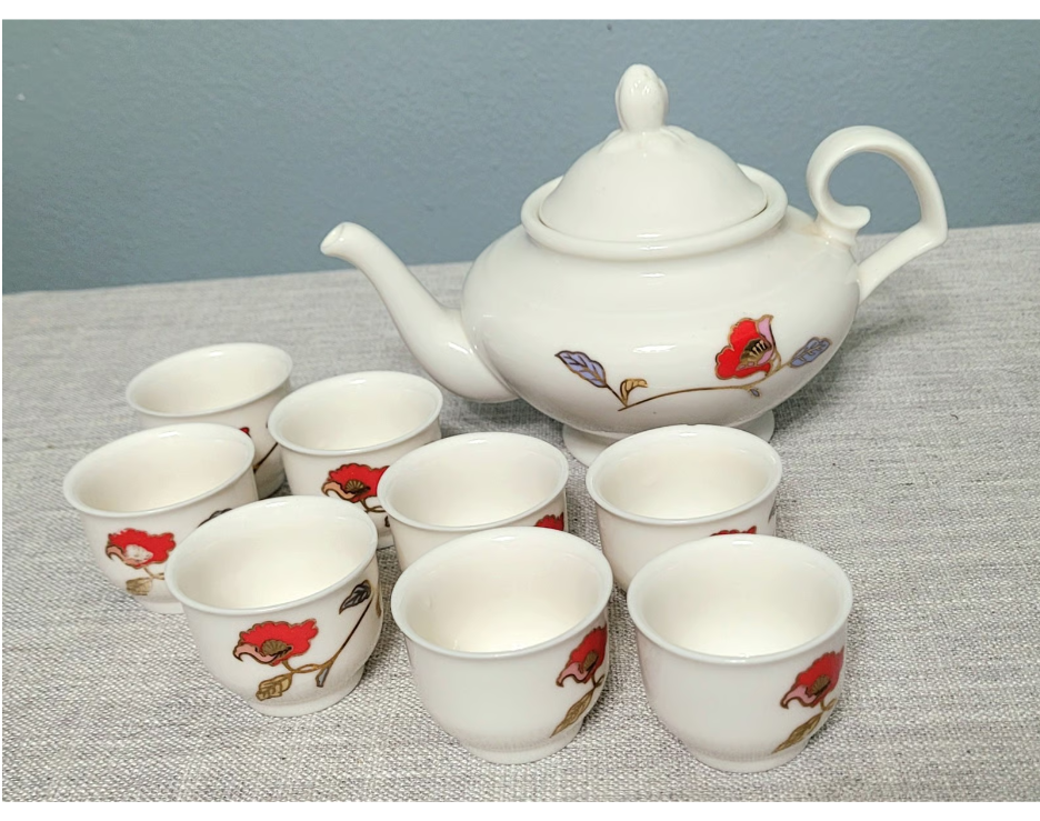 Goldstar Vintage Red Flower Design 9 Piece Tea Set