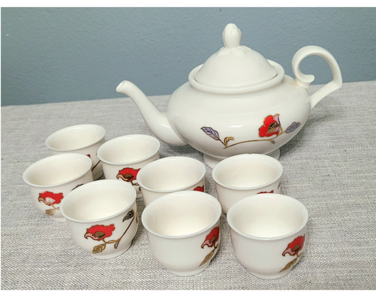 Goldstar Vintage Red Flower Design 9 Piece Tea Set